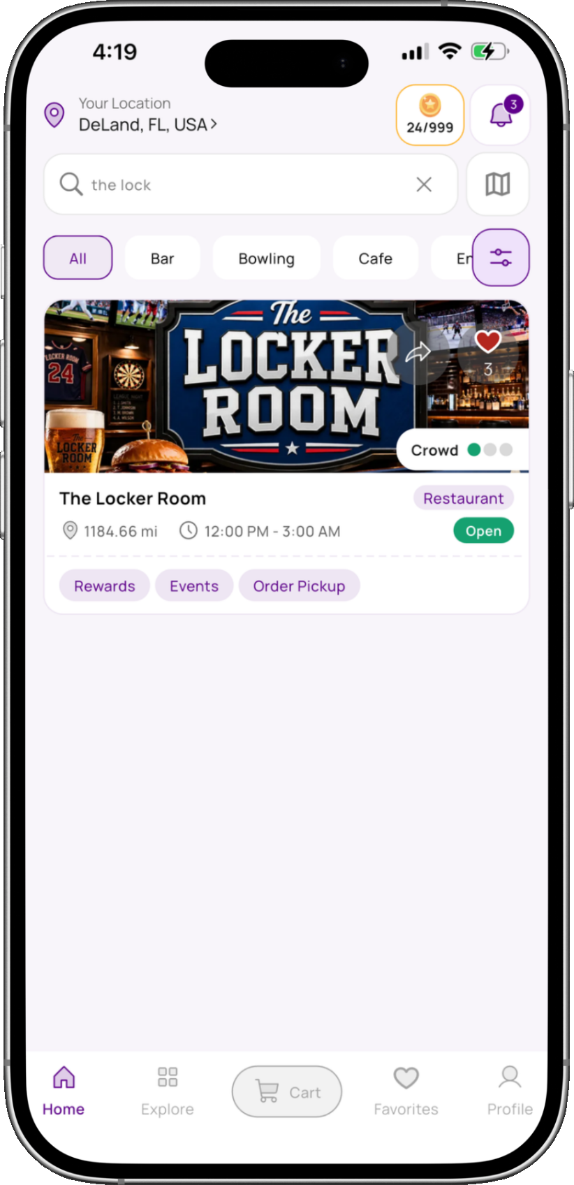 The Locker Room home view in the Bibe app — the venue's push channel