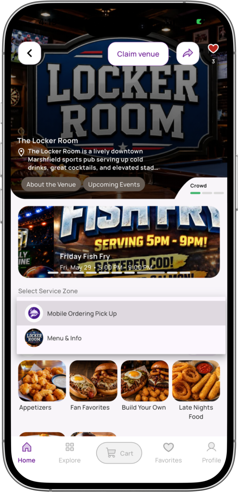 The Locker Room venue profile in the Bibe mini-app — menu, events, mobile ordering