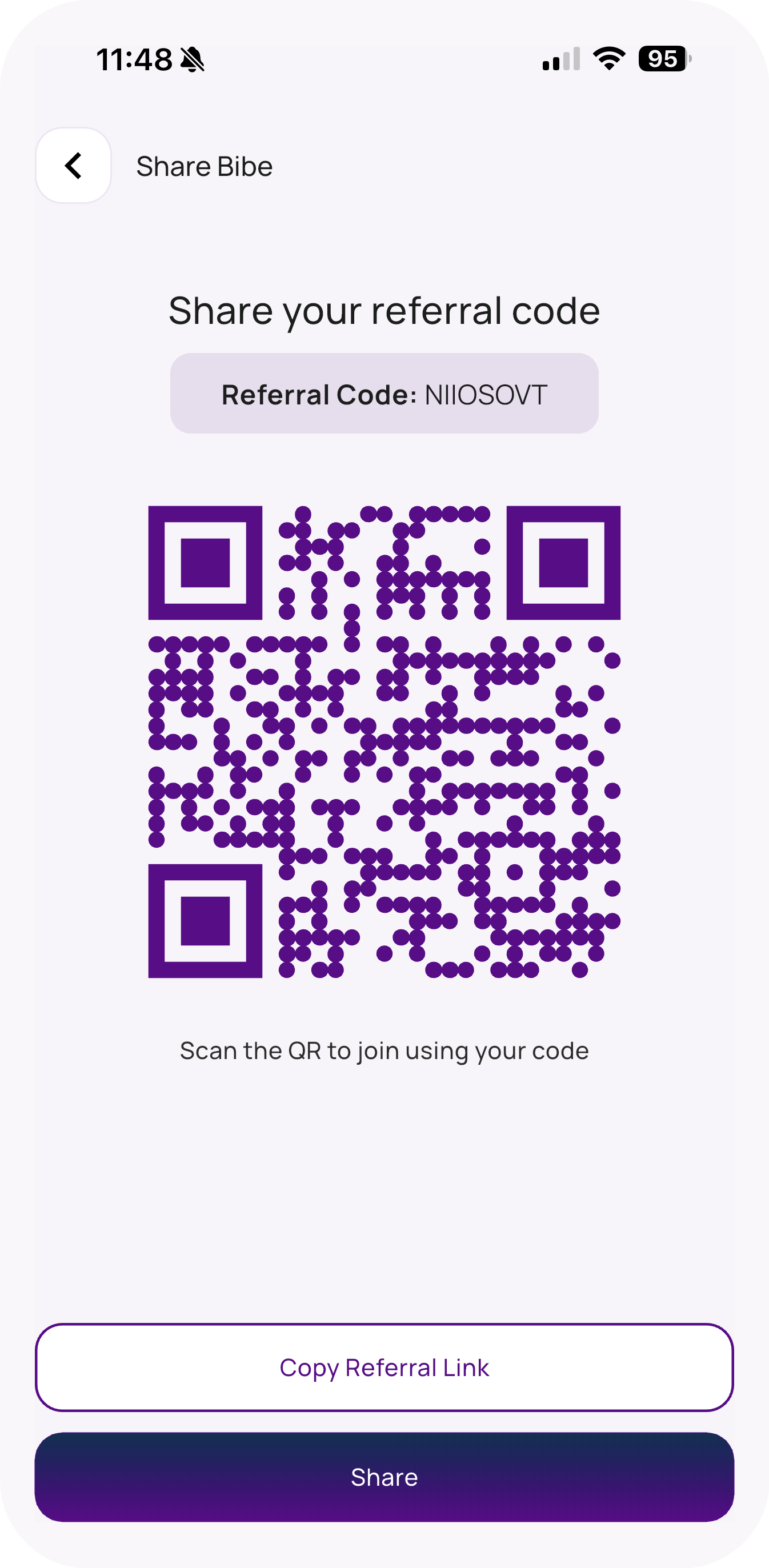 Bibe app — share your referral QR code