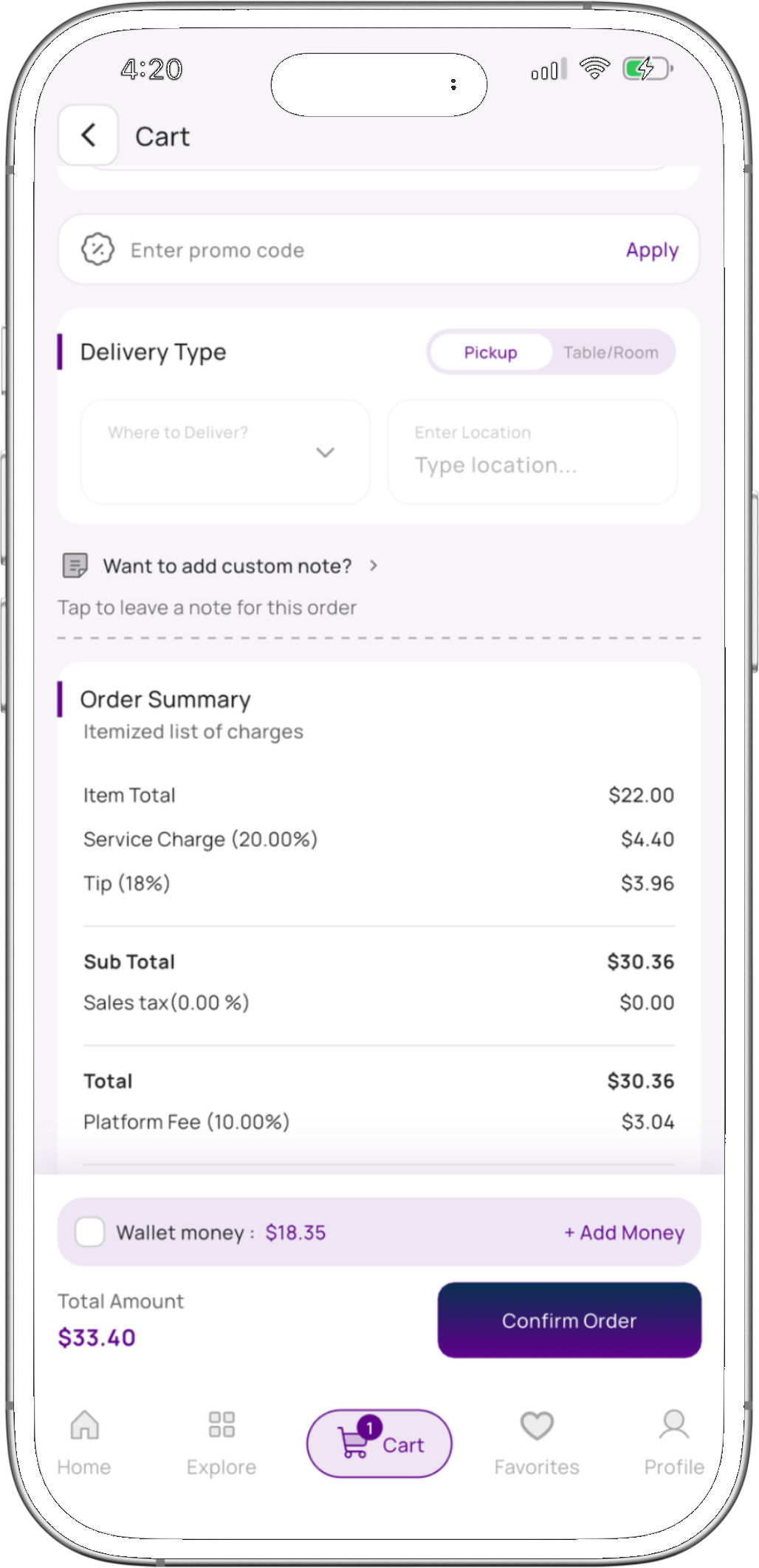 Bibe mobile ordering — cart with delivery type & order summary