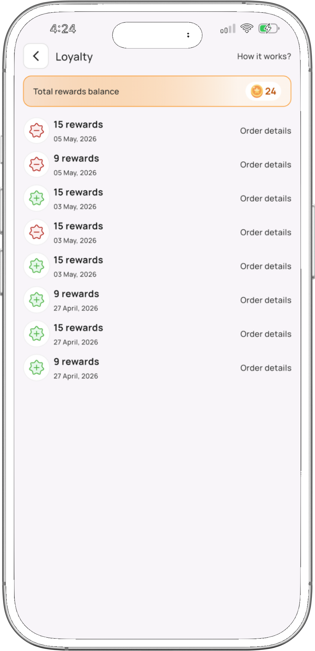 Bibe loyalty — total rewards balance and history