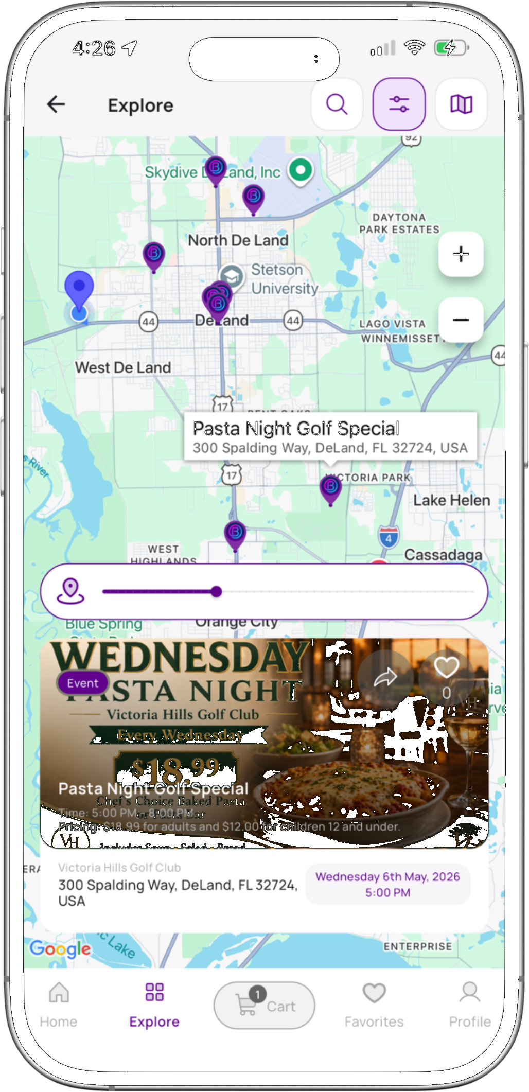 Bibe Explorer feed — discover live events nearby on the map
